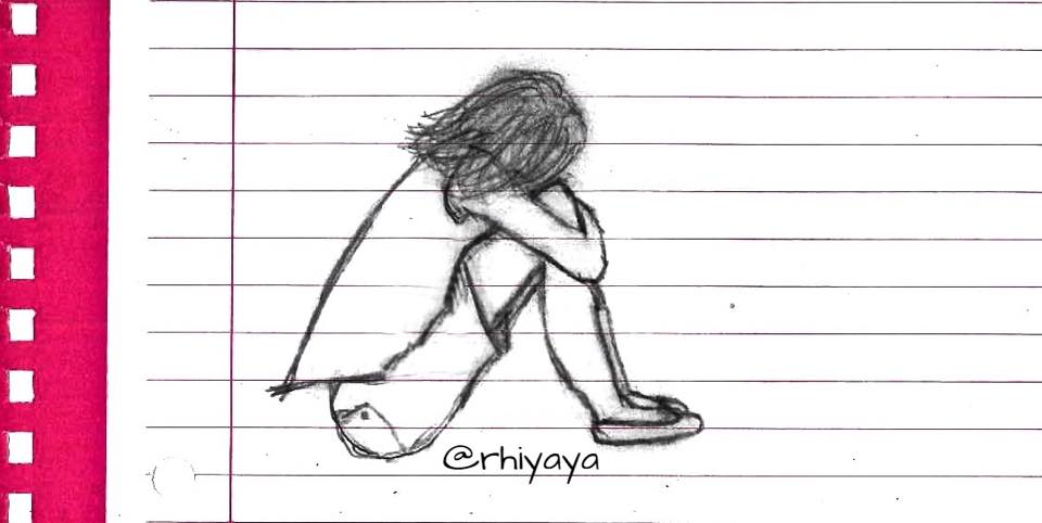 drawing of a girl crying in a corner